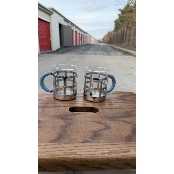 Alessi 18/10 Stainless Glass Mug Cup Set of 2 Blue Handles Italy - Picture 5 of 8